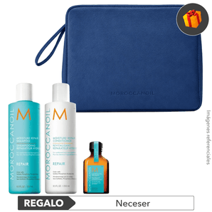 Pack REPARADOR cab. DAÑADO: Shampoo sin sulfato + Aco. + Aceite Argán Tratamiento 25ml (Viral) + REGALO Neceser