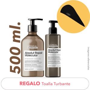 Pack REPARACIÓN POTENCIADA: Shampoo Absolut Repair Molecular 500ml + Serum Tratamiento + REGALO Toalla Turbante