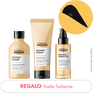 Rutina REPARADORA cabello DAÑADO: Shampoo 300ml + Acondicionador 200ml + Aceite 90ml + REGALO Toalla Turbante